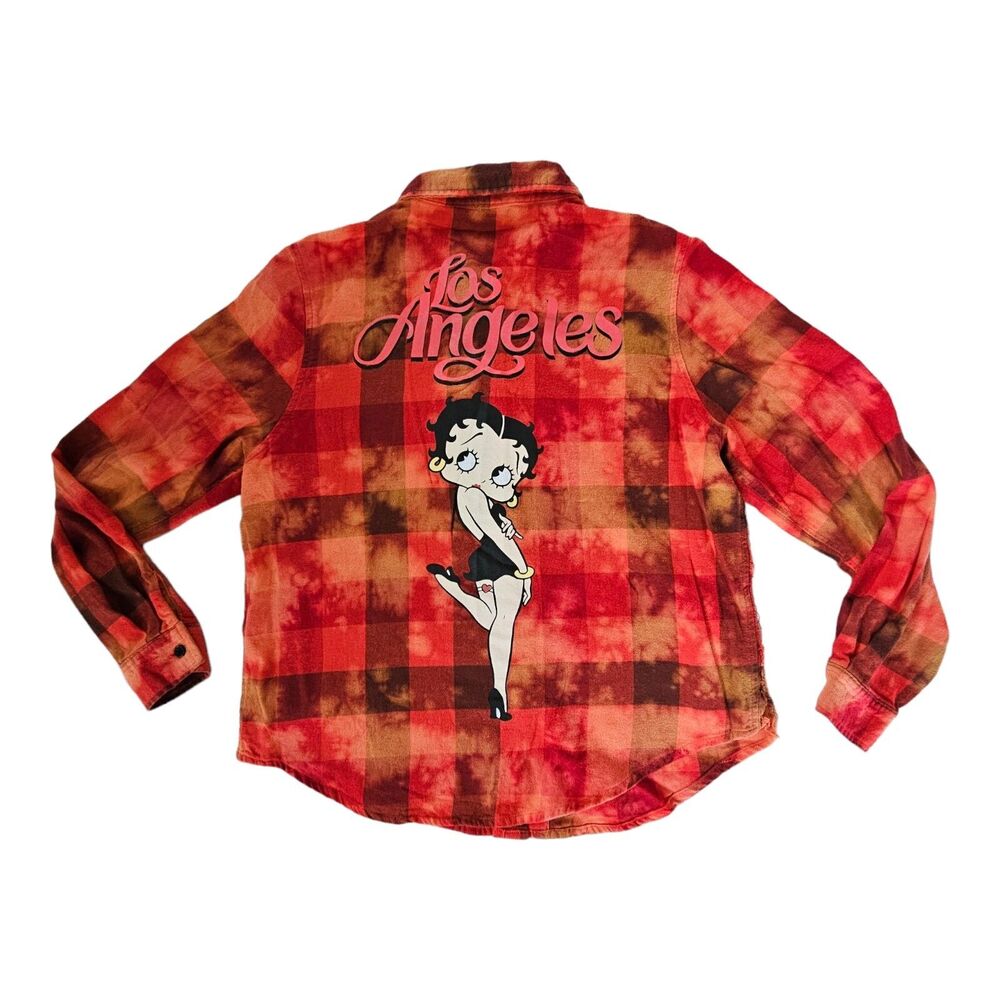 Betty‎ Boop Women's Size XS Graphic Red Plaid Long Sleeve Button Shirt Flannel